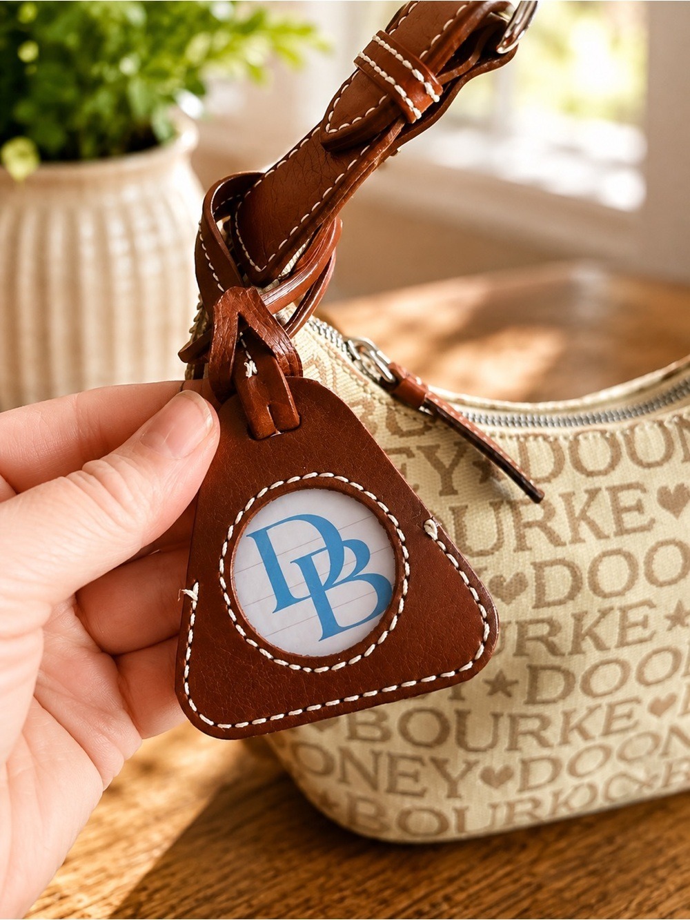 Dooney & Bourke Beige Signature Logo Mini Hobo Bag Brown Leather Trim • Like New - Picture 6 of 13